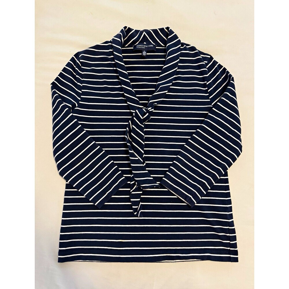 Jones New York Navy White Striped Knit V-Neck Tie Long Sleeve Top Women’s L
